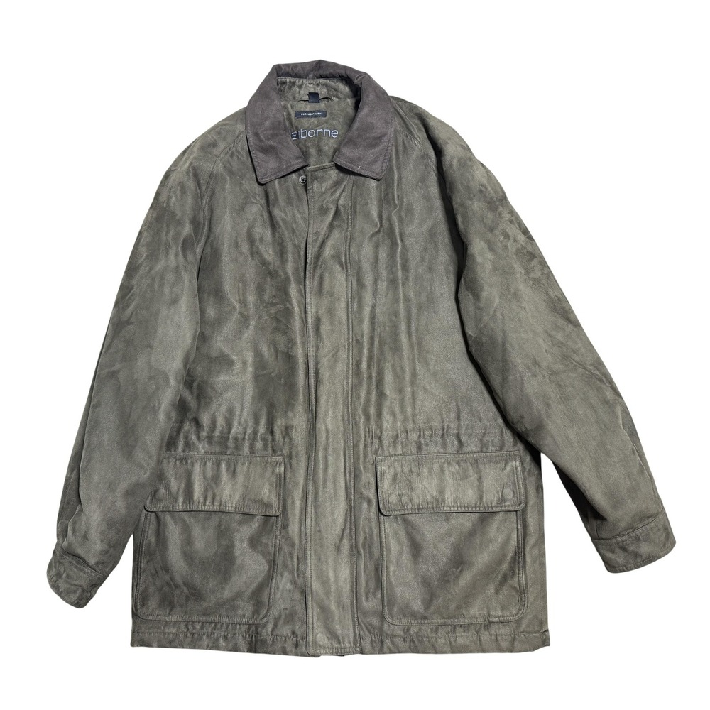 Claiborne Coat Mens Large Green Sueded Microfiber Quilted Full Zip Overcoat